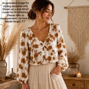 Sanctuary Floral Blouse Boho Peasant Top Ivory Brown Small Elastic Waist